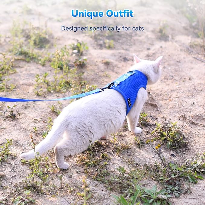 Kitty Harness and Leash for Walking Escape Proof Breathable Mesh Fabric, Solid Blue, Small, Adjustable Cat Walking Jackets, Padded Stylish Cat Vest
