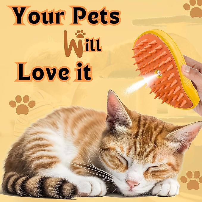 3-in-1 Self-Cleaning Steam Brush for Pets - Removes Loose and Tangled Hair, Multifunctional Design for Cats, Yellow