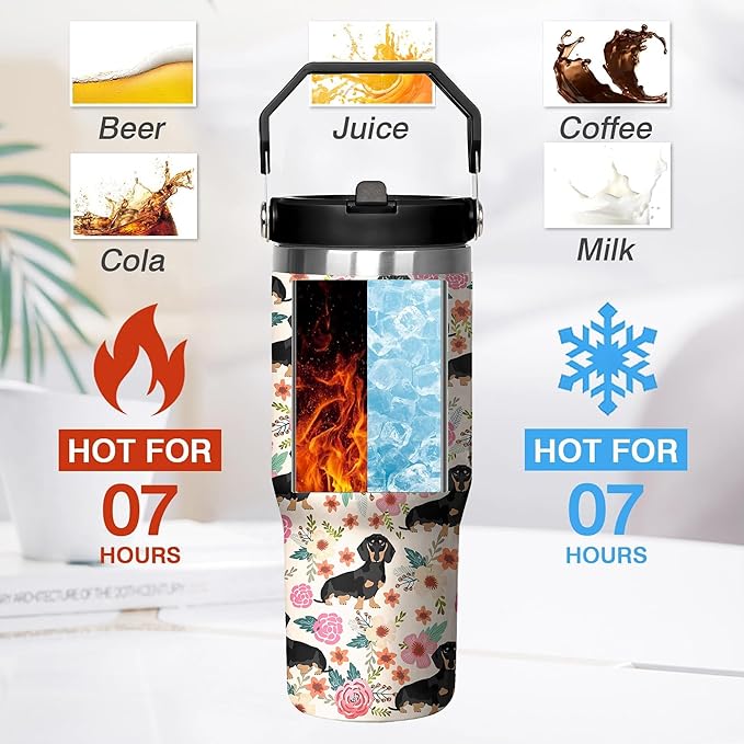30 Oz Dachshund Tumbler with Handle and Straw, Coffee Mugs for Dog Lovers, Double Wall Stainless Steel Dog Mug, Dachshund Gifts for Women and Men