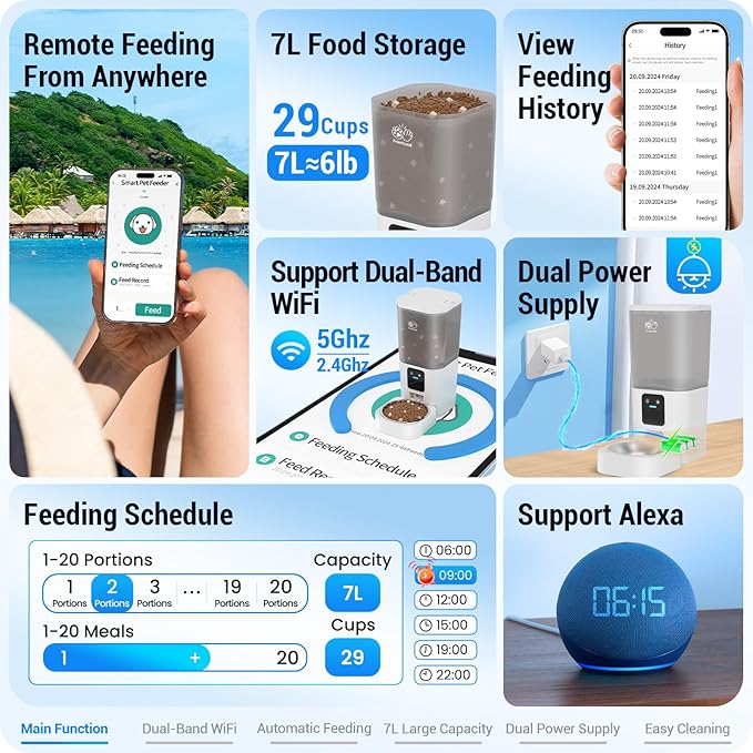 5G WiFi Automatic Cat Feeder with Wall Hook: Automatic Dog Feeder with 7L Large Food Storage Container, Cat Food Dispenser with Alexa for Multiple Pets, Detachable for Easy Clean -29 Cup