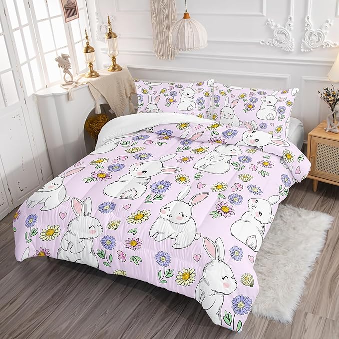 AILONEN Rabbit Comforter Set Full Size, Cute Bunny Bedding Set,Girls Kids Kawaii Comforter Set,Colorful Daisy Floral Duvet Set 3 Pieces, 1 Quilt and 2 Pillowcases