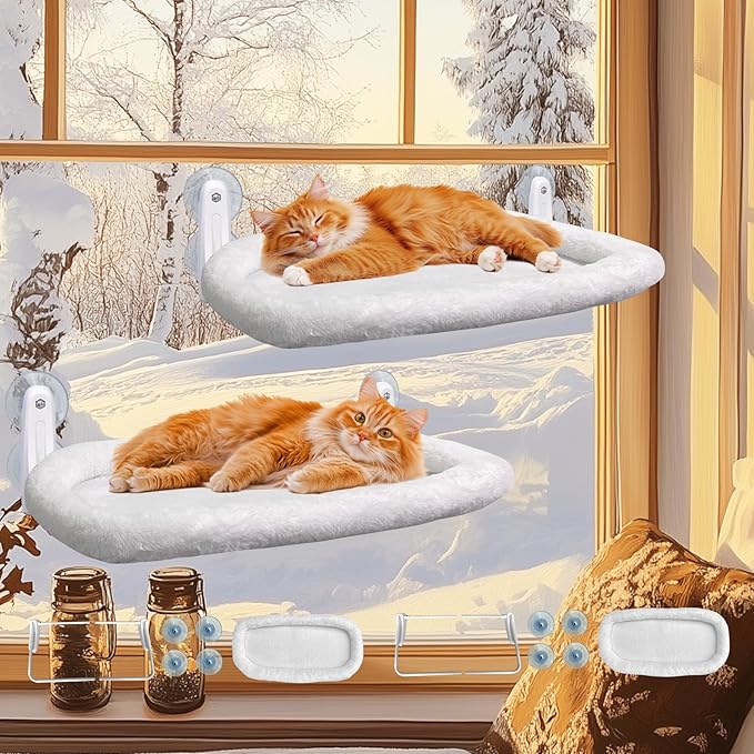 L&W BROS. Cat Window Perch 2 Pack Cat Hammock with 4 Suction Cups Easy to Assemble 23.6"x 11.2" Cat Window Bed for Large Heavy Cats Indoor(L 2Pc with Bed)
