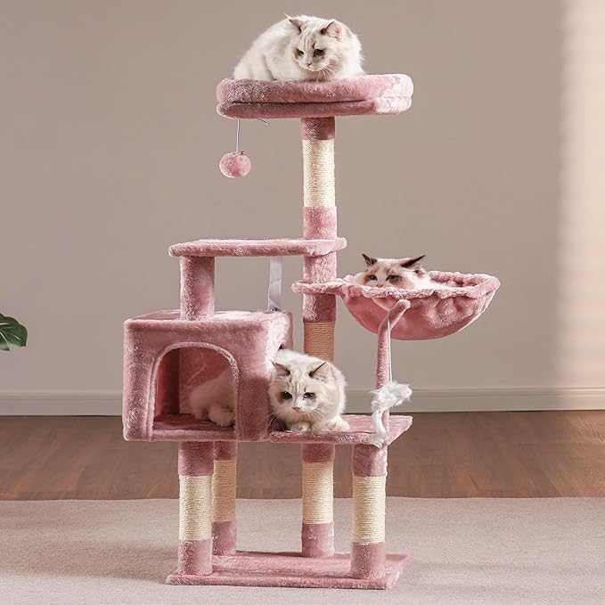 Heybly Cat Tree with Toy, Cat Tower condo for Indoor Cats, Cat House with Padded Plush Perch, Cozy Hammock and Sisal Scratching Posts, Skin Pink HCT004SP