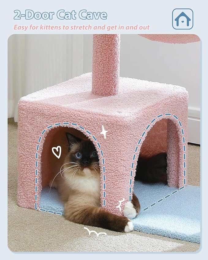 Flower Cat Tree with Large Metal Frame Hammock, 35" Pink Cat Tower with Sisal Scratching Posts for Small Indoor Cats, Cat Condo with Blue Top Perch for Kittens, Fluffy Ball, Pink