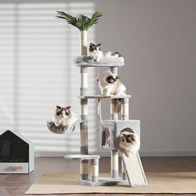 Heybly Cat Tree,Cat Tower for Indoor Cats, 65.4 inches Cat Condo with Perches, Basket, Feeding Bowl Station, Multi-Level Plush Furniture with Scratching Posts, Light Gray HCT015W