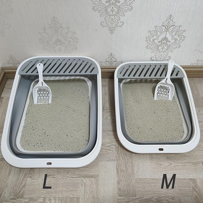 2 pcs Collapsible Kitten Litter Box,Low Entry Shallow Open Cat Potty Pan with Scoop Foldable Shallow Cat Toilet Travel Litter Box with Falling Sand Pedal for Kitty to Senior Cats 2PCS (Blue, Large)