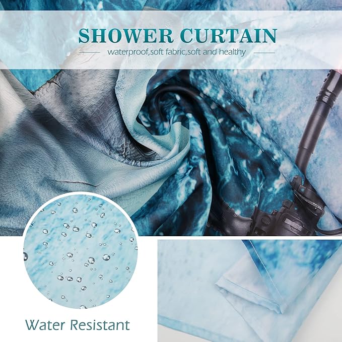 Aimego Extra Long Shower Curtain - Funny Cute Crazy Cat Riding Shark Ocean Fun Fabric Cloth Shower Curtain Set with 12 Hooks for Adults Bathroom Decor Accessories Bath Curtain, 72"x84", Blue Red