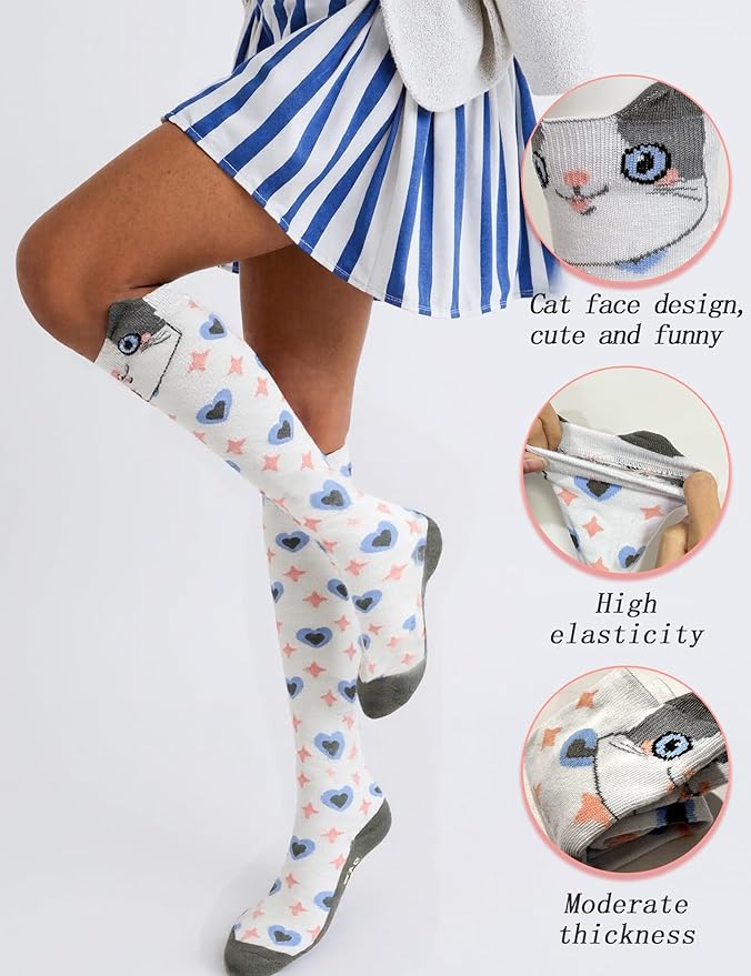 12 Pairs Cute Cat Knee High Socks for Women Cat Socks Women Knee High Socks Novelty Gifts For Women Teenage Girls Girlfriend Animal Lovers