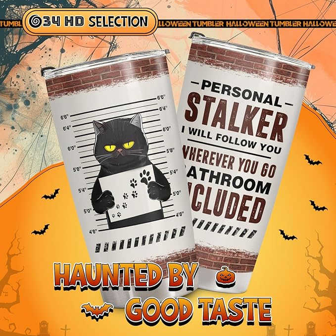 34HD Funny Black Cat Tumbler with Lid, 20 oz Stainless Steel Vacuum Insulated Personal Stalker Coffee Mug, Horror Cup, Cat Lover Gifts for Women Men Birthday Halloween Christmas
