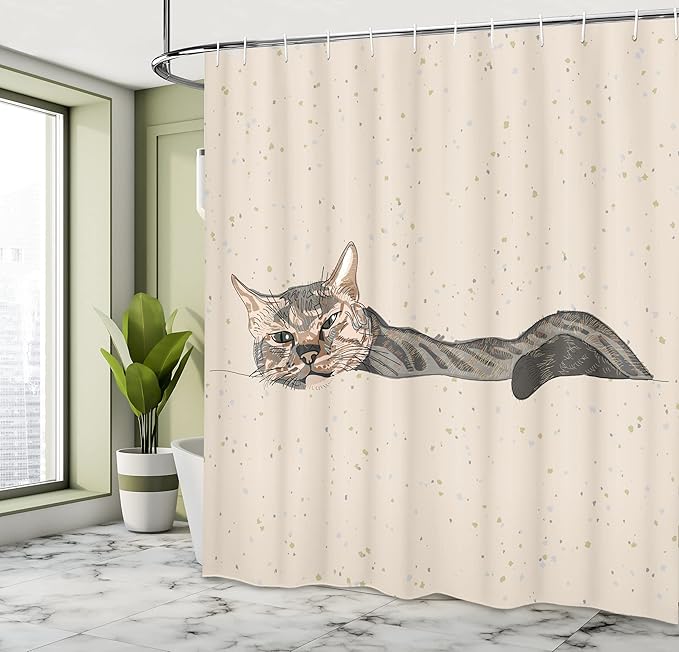 Ambesonne Cat Shower Curtain, Lazy Sleepy Cat in Earth Tones Furry Mascot Indoor Pet Art Illustration, Cloth Fabric Bathroom Decor Set with Hooks, 69" W x 75" L, Grey Beige