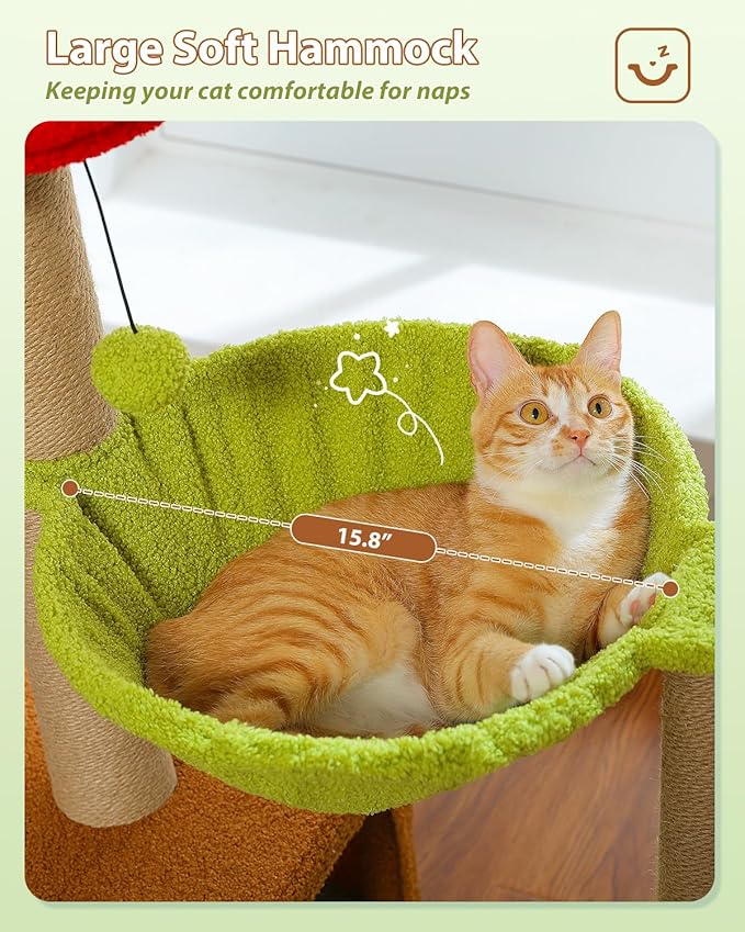 Flower Cat Tree with Sisal Scratching Posts, 35" Cute Cat Tower with Large Green Hammock for Small Indoor Cats, Cat Condo with Removable Flower Bed for Kittens, Brown