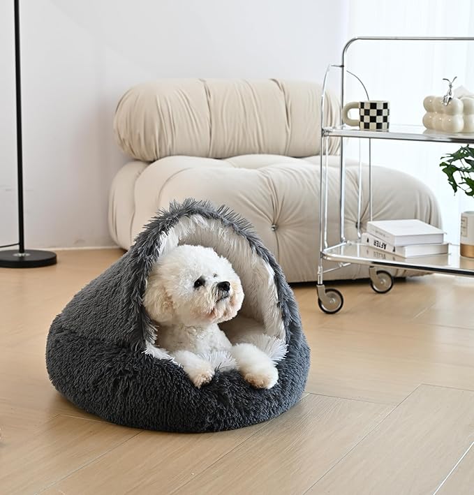 Cat Bed Round Plush Fluffy Hooded Calming Cat Bed Cave,Self Warming pet Bed with Non-collapsed Cover for Indoor Cats or Small Dogs,Washable,Anti-Slip Waterproof Bottom,24",Dark Grey