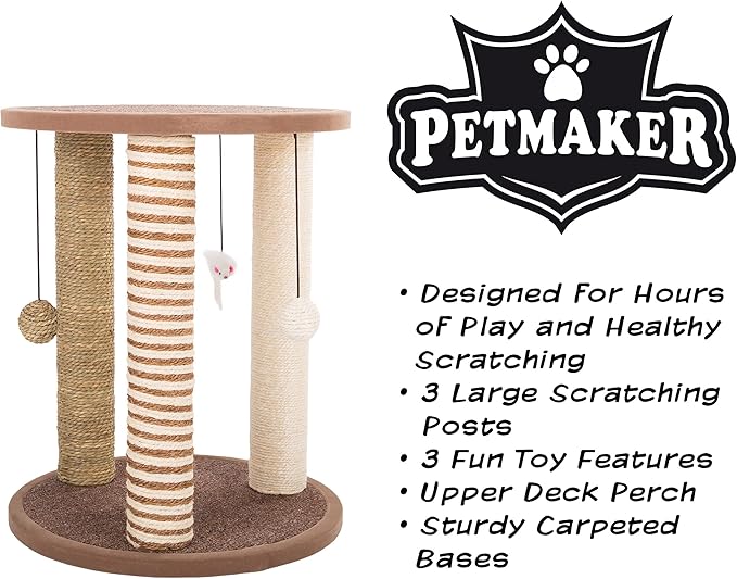 Cat Scratching Post - 3 Scratcher Posts with Carpeted Base Play Area and Perch - Furniture Scratching Deterrent for Indoor Cats by PETMAKER (Brown), Large