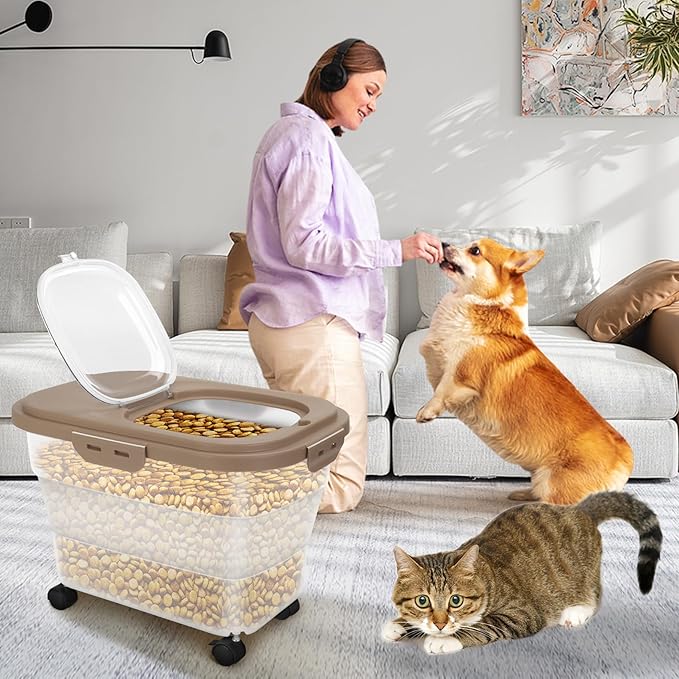 Airtight Pet Food Container, Collapsible Dog Food Storage Container 15-20 lb with Castors, Plastic Dog Food Bin with Pet Food Scoop & Measuring Cup for Dry Food Storage