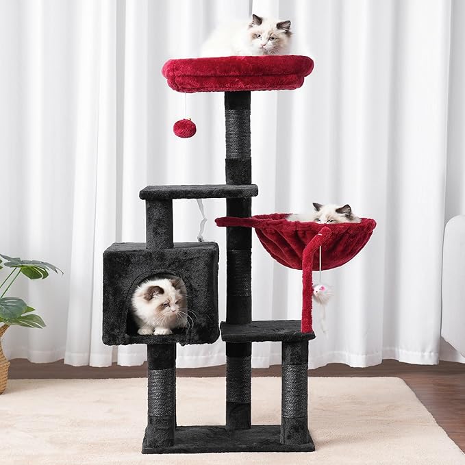 Heybly Cat Tree with Toy, Cat Tower condo for Indoor Cats, Cat House with Padded Plush Perch, Cozy Hammock and Sisal Scratching Posts, Black and Red HCT004SBR