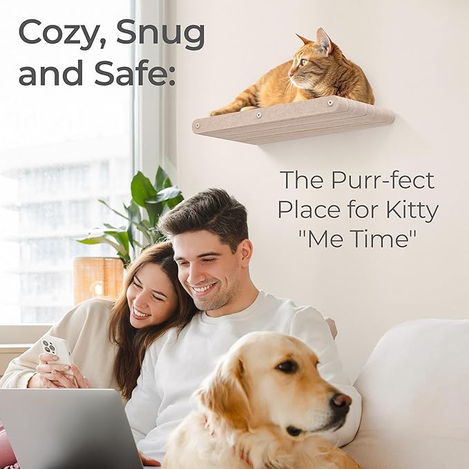 Cat Wall Bed by Pryde Pets, Perch and Cat Shelf for Wall - 100% PET Felt, Sustainable - Modular Floating Shelf for Cats, Indoor/Outdoor Cat Furniture (Oatmeal)