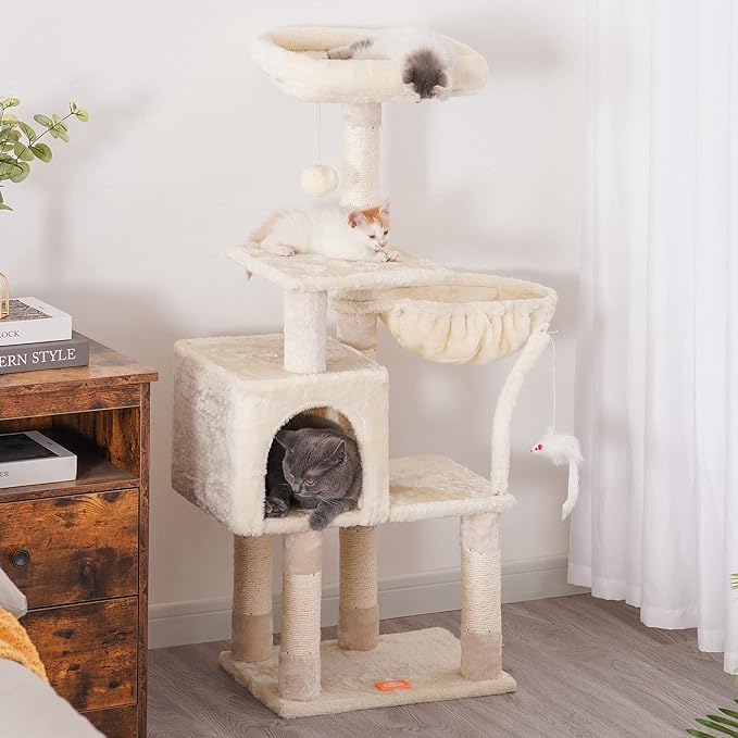 Heybly Cat Tree with Toy, Cat Tower condo for Indoor Cats, Cat House with Padded Plush Perch, Cozy Hammock and Sisal Scratching Posts, Beige HCT004SM