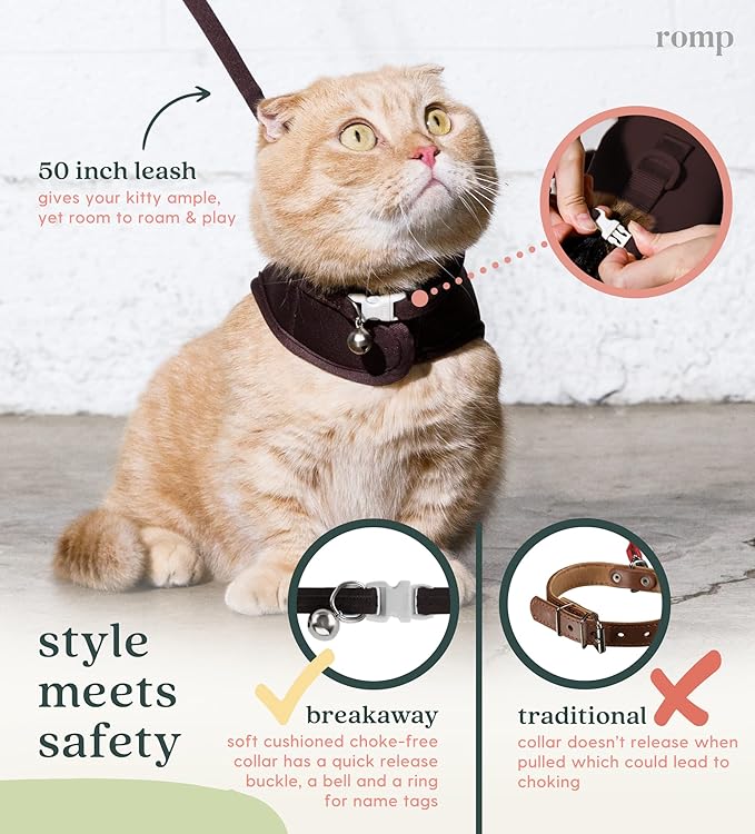 Cat Harness, Collar & Leash Set - Escape Proof Adjustable Choke Free Velcro Harness Vest for Walking Cats & Kittens (Sable Brown, Small)