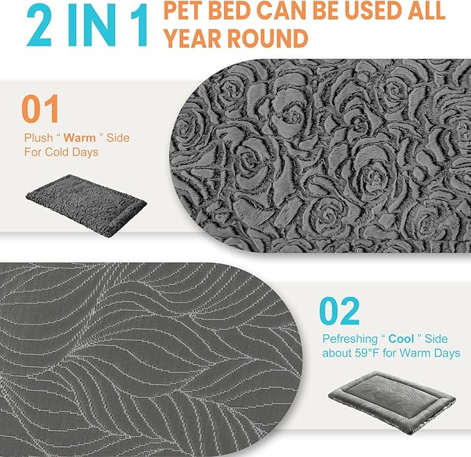 2 in 1 Dog Bed Crate Pad Mat Washable Reversible (Cool & Warm) Soft Fluffy Pet Kennel Beds for Large Medium Small Puppy Cat Sleeping Mattress Machine Wash Dog Cooling Mats