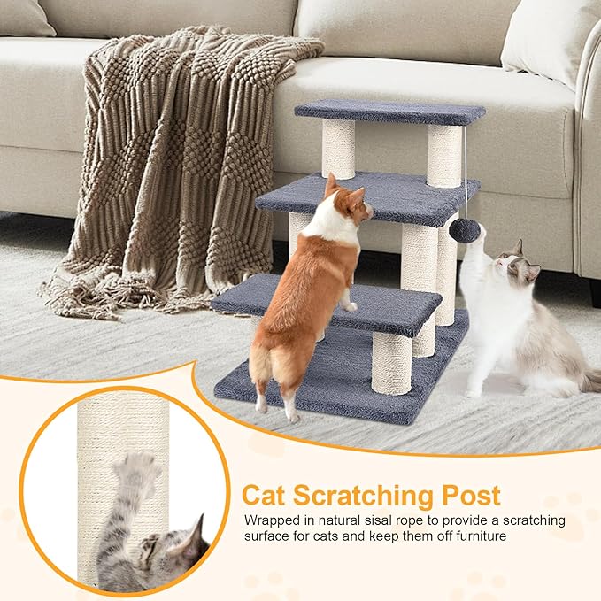 Dog Stairs, Cat Scratching Post 3 Steps Stairs for Cats and Dogs, Stable 20 inch Pet Stairs for High Beds & Sofas Protect Pet's Joints, Grey