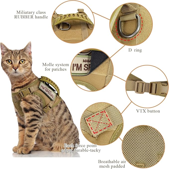 Tactical Cat Harness for Walking Escape Proof, Soft Mesh Adjustable Pet Vest Harness for Large Cat,Small Dog