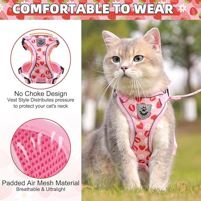 KOOLTAIL Cat Harness and Leash Set, Escape Proof for Safe Walking & Travel, Reflective Comfortable Easy Control Adjustable Kitten Harness for Boys&Girls Small Medium Large Cats Strawberry S