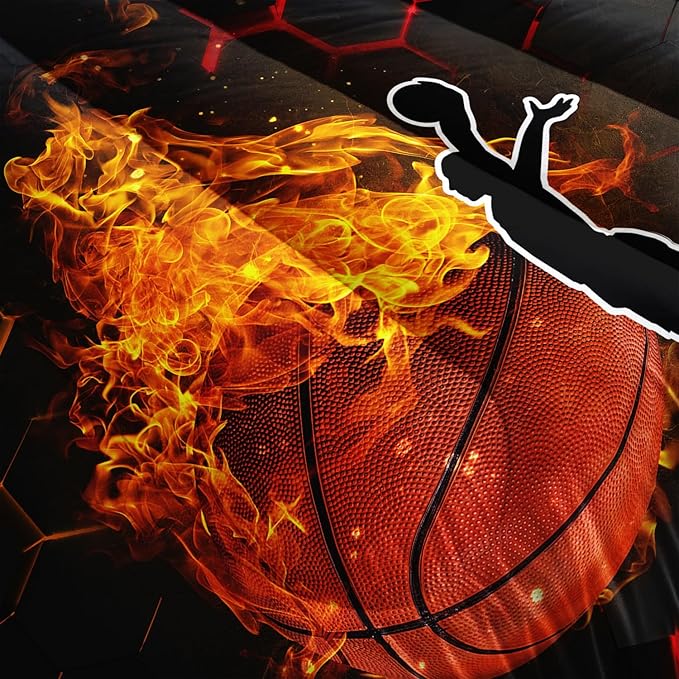 Basketball Bedding King Size,Black Honeycomb Background Comforter Flame Basketball Print Bedding Set for Boys Girls Bedroom Decor,Slam Dunk Sports Themed Sets Comforter with 2 Pillowcases.
