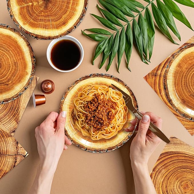 48Pcs Wood Grain Slice Party Decorations Camping Hunting Tableware Set Disposable Wood Plates Napkins Forks Serves 16 Rustic Wood Slice Baby Shower Birthday Party Decorations