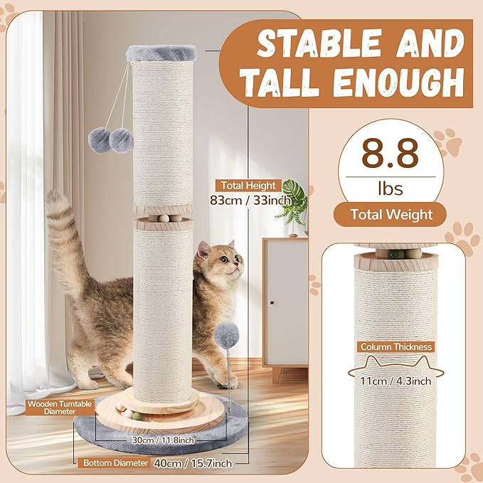 OTOB 33" Tall Cat Scratching Post, 4.3Inch Large Diameter Natural Sisal Rope Scratcher Post, 5-in-1 Interactive Turntable Cat Scratch Post with Soft Hanging Ball Toys for Indoor Large Cats