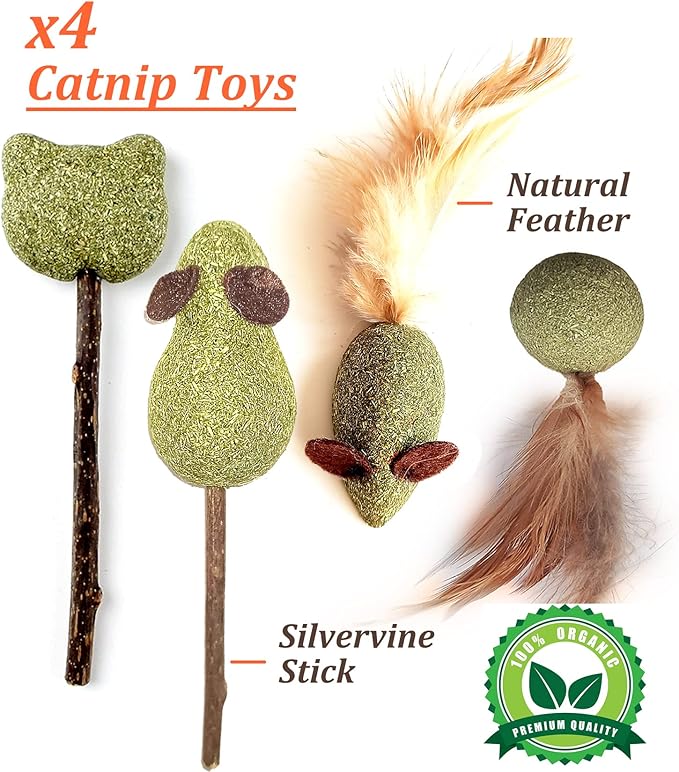 12 Pack Catnip Toys for Cats, Silvervine Sticks, Catnip Balls, Cat Nip Mice, Kicker Toys, Silver Vine Organic Chew Toys, Kitten Teething Toy,Interactive Enrichment Plush Mouse Feather for Indoor Cats
