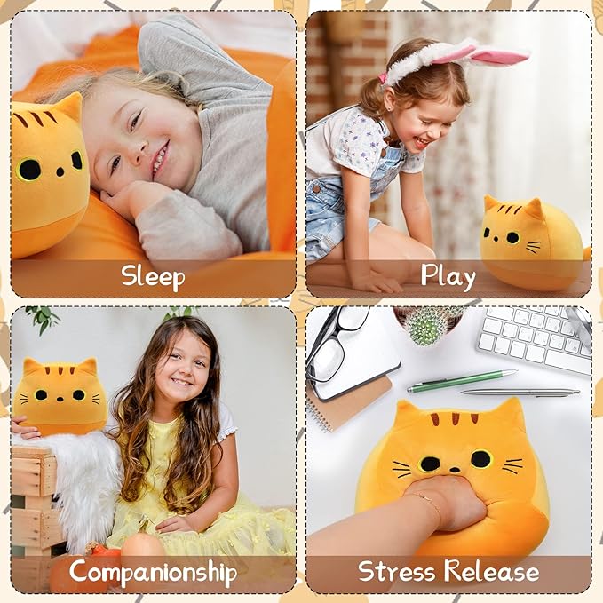 9" Kawaii Yellow Fat Cat Plush Pillow Toy, Soft Stuffed Animal for Kids, Birthday, Christmas, Home Decoration