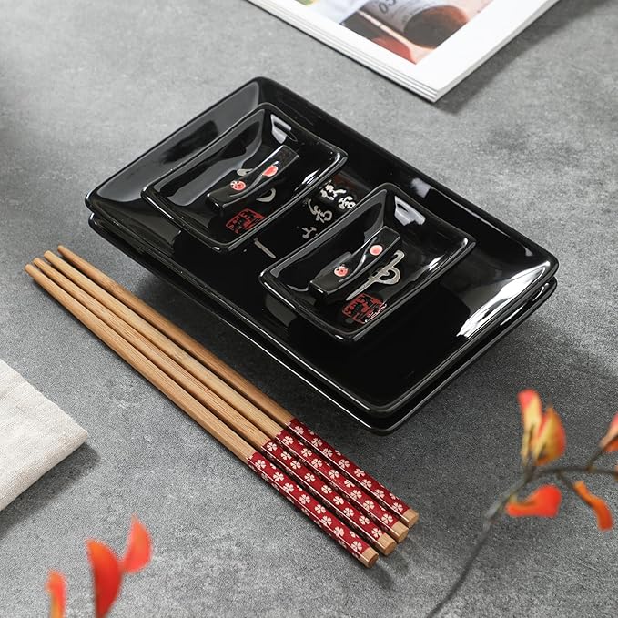 8 pcs Japanese Sushi Plate Sets Serving Platters and Trays for Entertaining Sushi Dishes Set Plates Sushi Plates Traditional Cuisine Dinnerware Sets with Chopsticks Black Shen