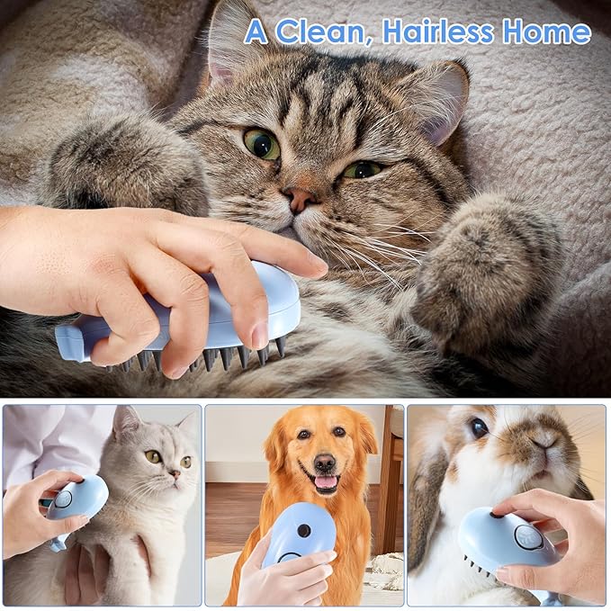 3 in 1 Silicone Grooming Brush for Cats and Dogs - Steamy Massager for Removing Tangles and Loose Hair (Blue)