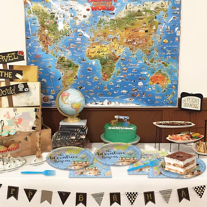 48Pcs Adventure Awaits Party Decorations, Travel Themed Party Decorations Include Disposable Forks Paper Plates and Napkins Supplies for Globe Birthday Baby Shower Graduation Decorations