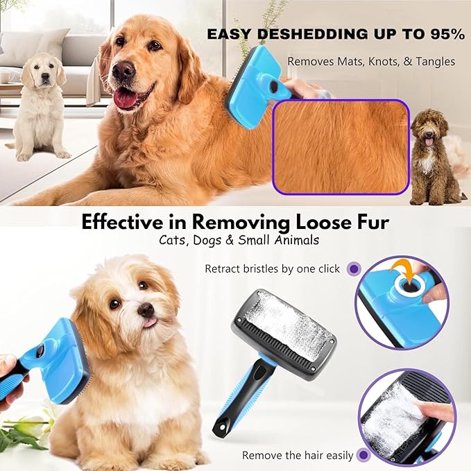 AINA Self-Cleaning Pet Grooming Brush | Pet Slicker Brush for Dogs & Cats Detangling & Fur Removal with Click Clean Button | Effective & Comfortable Pet Deshedding Brush, Perfect for Pet Grooming