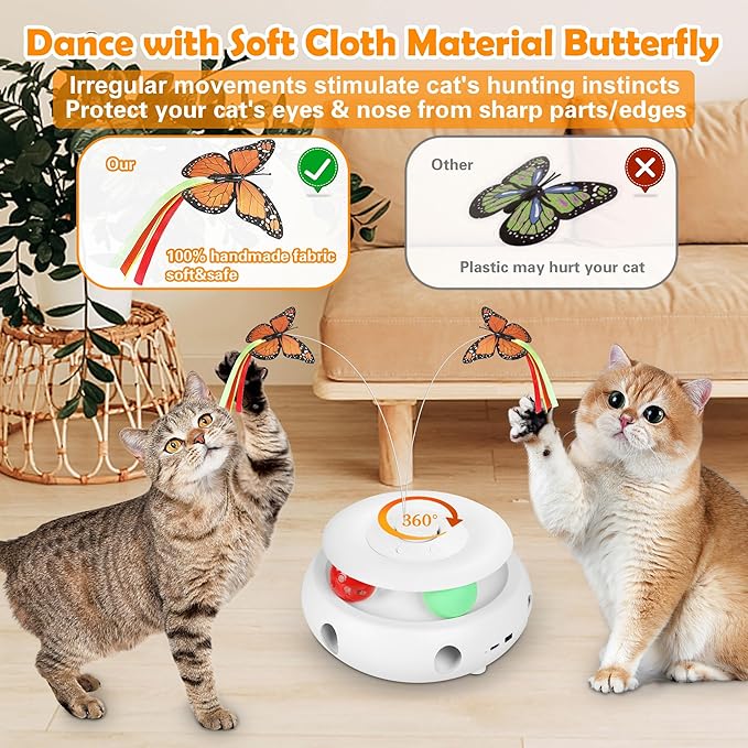 3-in-1 Interactive Cat Toys for Indoor Cats, Automatic 6 Holes Mice Whack-A-Mole, Fluttering Butterfly, Track Balls, USB Rechargeable, Ultra Fun Smart Interactive Kitten Toy (Ivory White)
