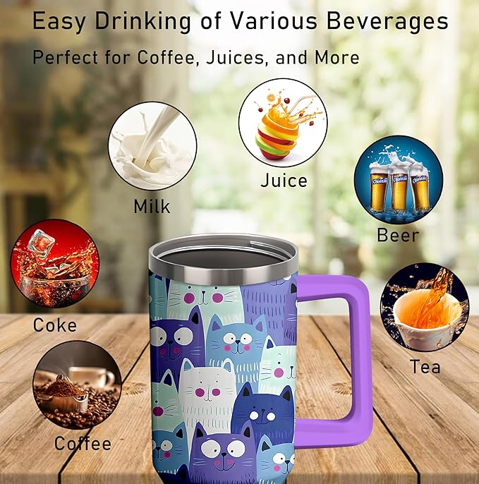 40oz Cute Cat Tumbler with Handle and Straw, Stainless Steel Insulated Cup with Lid, Travel Coffee Mug Water Bottle, Birthday Mothers Day Gifts for Women Men Animal Lovers