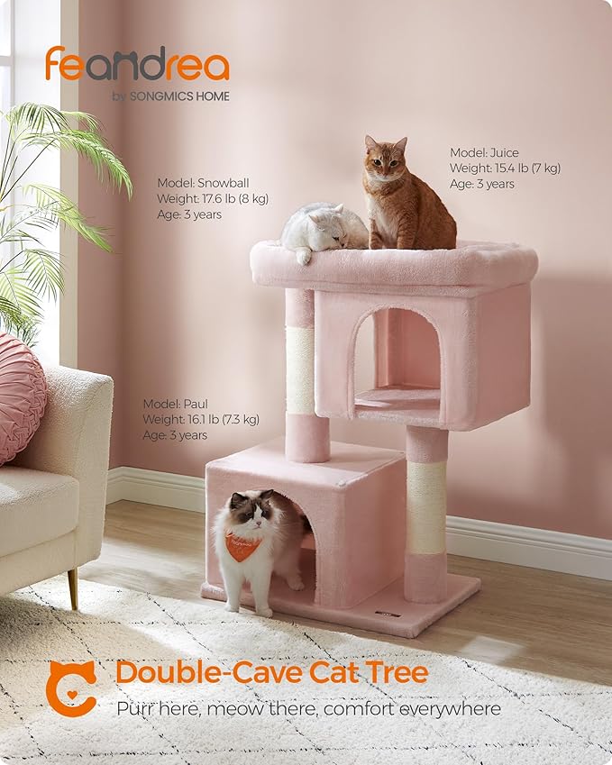 Feandrea Cat Tree, 39.8-Inch Cat Tower, XL, Cat Condo for Extra Large Cats up to 44 lb, Large Cat Perch, 2 Cat Caves, Scratching Post, Jelly Pink UPCT614P01
