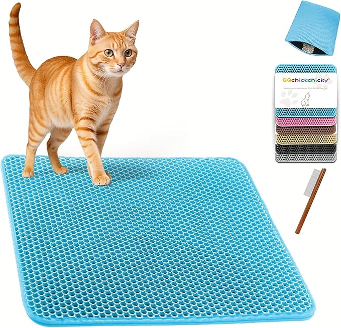 2025 𝗡𝗘𝗪 Waterproof Cat Litter Mat | Double Layer EVA, Odor-Free Large Grid | Urine Proof & Easy Cleanup | Soft on Paws | Versatile Design for Litter and Feeding (Blue, 27×47)