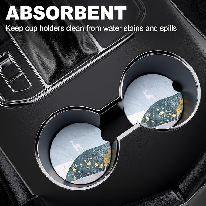 2 Pack Car Cup Holder Coasters, 2.63 inch Anti Slip Insert Absorbent Ceramic Coasters with Cork Base and Finger Notch, Cute Car Accessories for Women