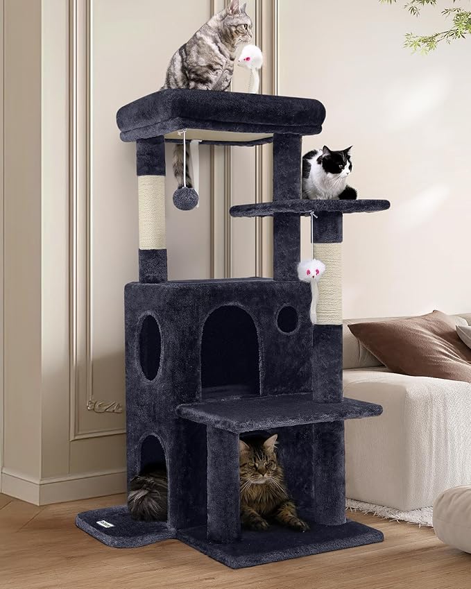 FC50 Cat Tree Tower for Indoor Cats, 50-inch Adult Cat Tree House for Large Adult Cats with Steps, Scratching Post, 2 Cat Caves, Dangling Toys, Dark Grey