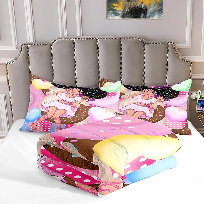 African American Girl Comforter Set Black Girl Comforter Set Princess Bedding w/ Donut Girl Prints Kids Comforter Sets Gifts Girls Bedroom Decor Pink Full Size Quilt Sets w/ 2 Pillowcases
