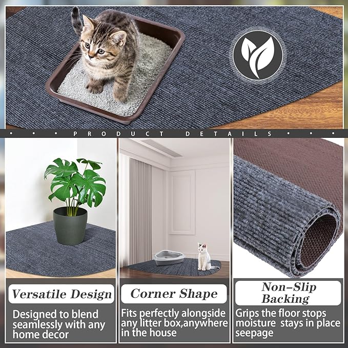 2 Pcs Corner Cat Litter Mat 29 Inch Litter Mat for Corner Machine Washable Litter Mat Ridged Design Fan Shaped Cat Litter Mat Absorbent Cat Litter Rug for Box Less Waste Space (Gray)