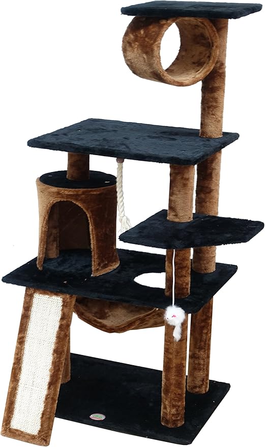 Go Pet Club Everyday Value 53in Cat Tree Kitty Tower Kitten Scratcher Condo House Furniture with Hammock and Tunnel Indoor Cat Activity Center, Brown/Black