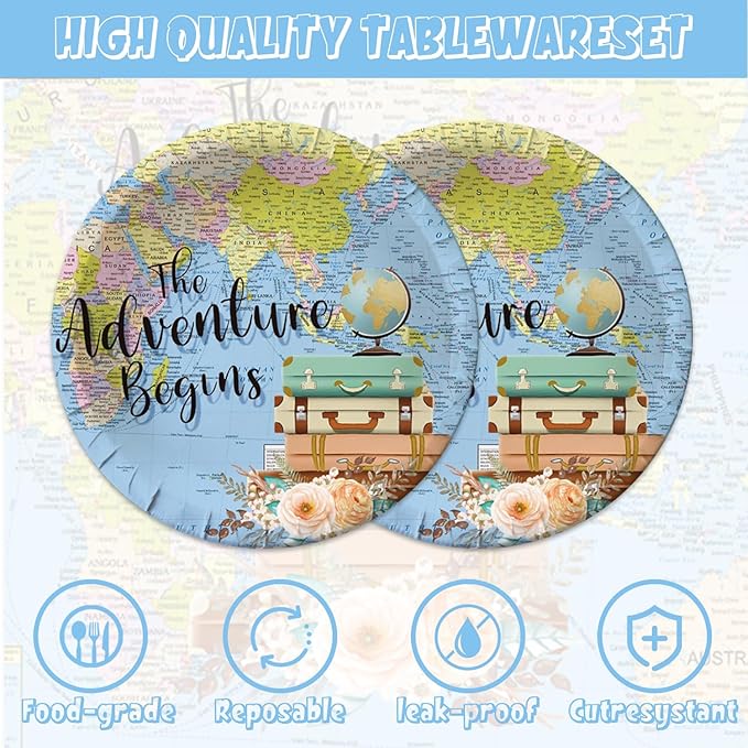 48Pcs Adventure Awaits Party Decorations, Travel Themed Party Decorations Include Disposable Forks Paper Plates and Napkins Supplies for Globe Birthday Baby Shower Graduation Decorations