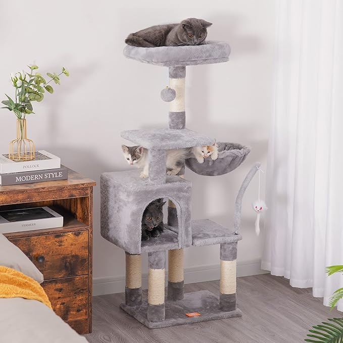 Heybly Cat Tree with Toy, Cat Tower Condo for Indoor Cats, Cat House with Padded Plush Perch, Cozy Hammock and Sisal Scratching Posts, Light Gray HCT004SW