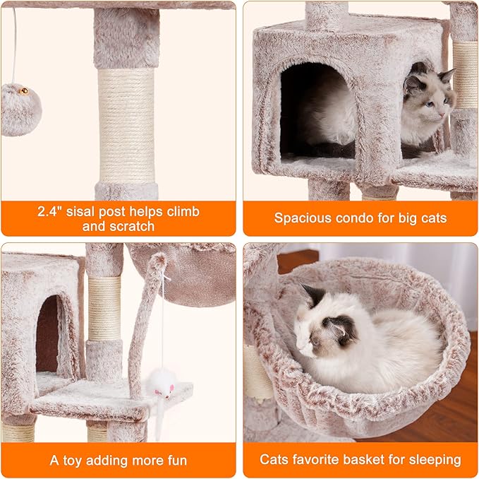 Heybly Cat Tree with Toy, Cat Tower condo for Indoor Cats, Cat House with Padded Plush Perch, Cozy Hammock and Sisal Scratching Posts, Muchroom HCT004SMU