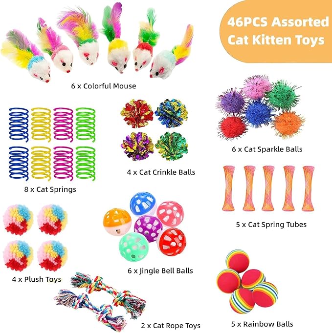 46 PCS Cat Toys for Indoor Cats, Kitten Toys with Cat Spring Toy, Mint Catnip Toys for Cats with Crinkle Cat Toy Mouse Cat Ball Toy for Indoor Cats Kittens Exercise