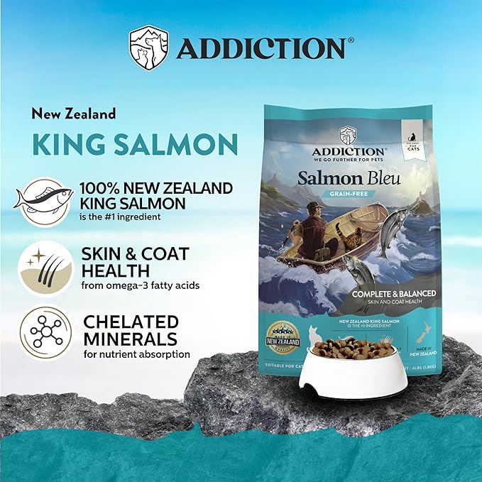 Addiction Salmon Bleu – Premium New Zealand King Salmon Recipe – Skin, Coat & Cognitive Health - Complete & Balanced - Omega-3 Rich - Grain-Free Dry Cat Food for All Life Stages – 4lbs (2 Packs)