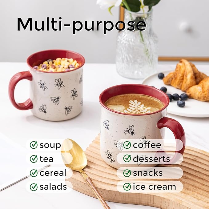 AmorArc 22 OZ Large Ceramic Coffee Mugs, Oversized Soup Cups With Big Handle for Men Women Dad Mom, Big Mug With Textured Bees Patterns for Office & Home -Microwave Safe, 2 Pcs-Red
